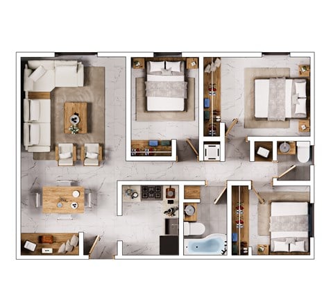 Floor plan for 3 beds, 1.5 baths, 840 sqft